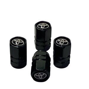 Toyota Premium Valve Stem Caps 4 Black Aluminum  Black Silver Gloss Center NEW